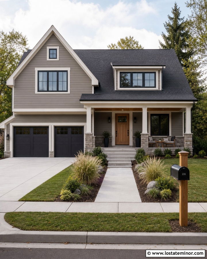 Taupe House With Natural Wood Mailbox - 30 Taupe House Design With Mailbox Ideas