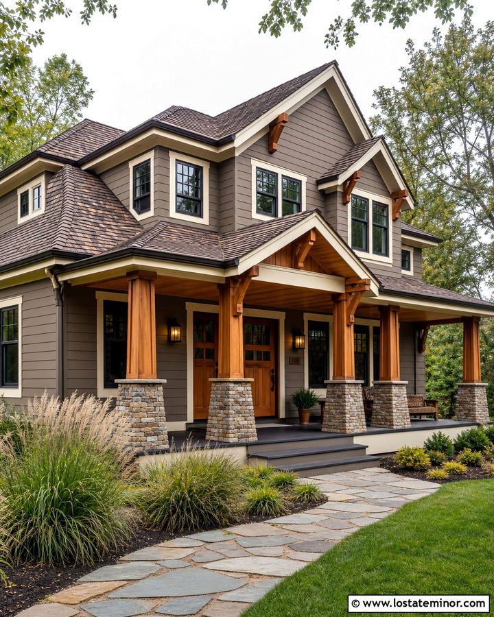 Taupe House With Natural Wood Porch Ceiling - 30 Taupe House Design With Porch Ceiling Ideas