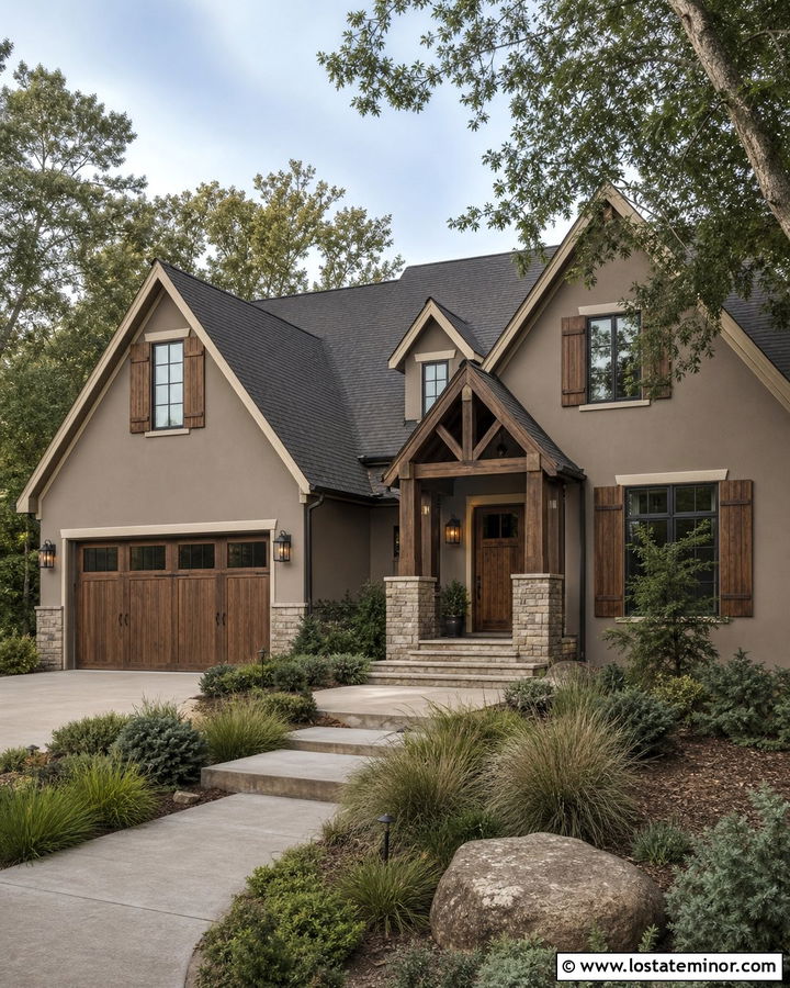 Taupe House With Natural Wood Shutters - 30 Taupe House Design With Shutters Ideas