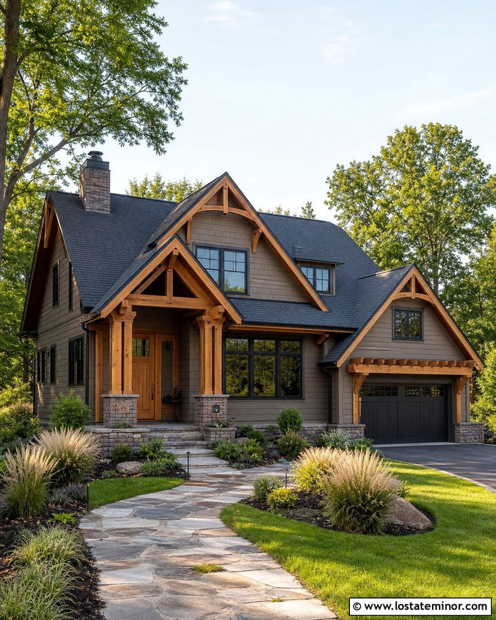 Taupe House With Natural Wood Trim - 30 Taupe House Design With Trim Ideas