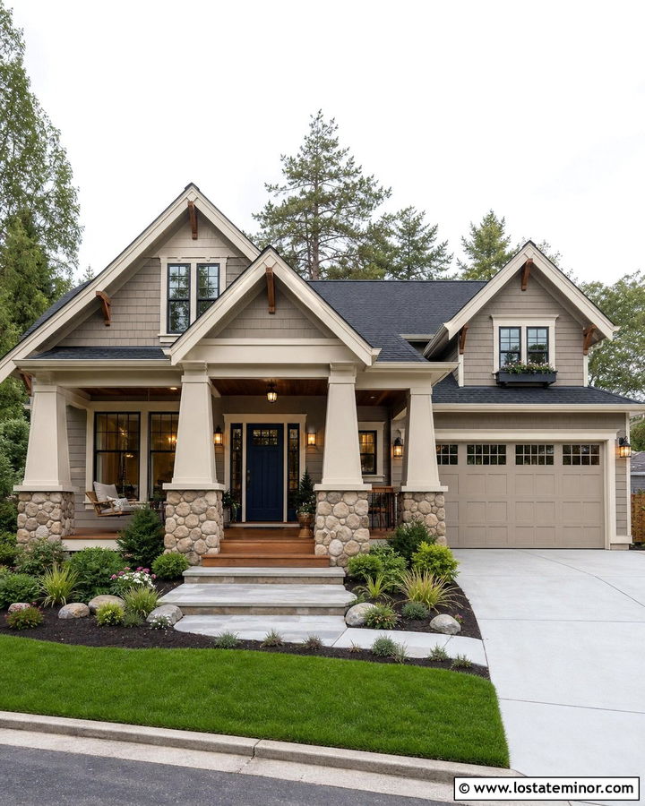 Taupe House With Navy Blue Front Door - 30 Taupe House Design With Front Door Ideas