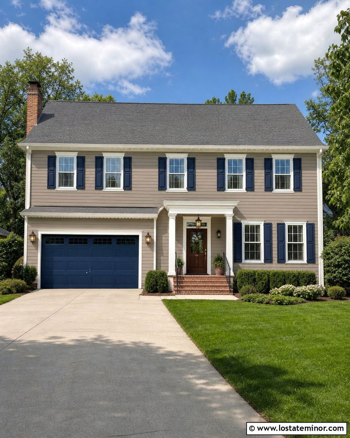 Taupe House With Navy Blue Garage Door - 30 Taupe House Design With Garage Door Ideas