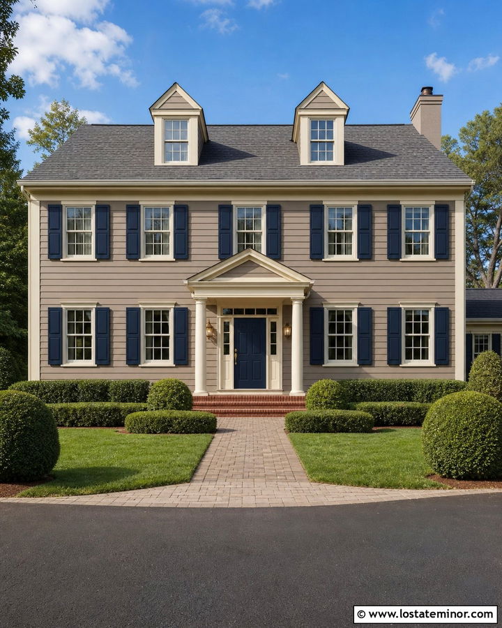 Taupe House With Navy Blue Shutters - 30 Taupe House Design With Shutters Ideas