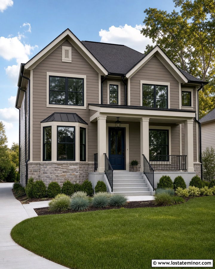 Taupe House With Navy Door And Black Railings - 30 Taupe House Design With Railings Ideas