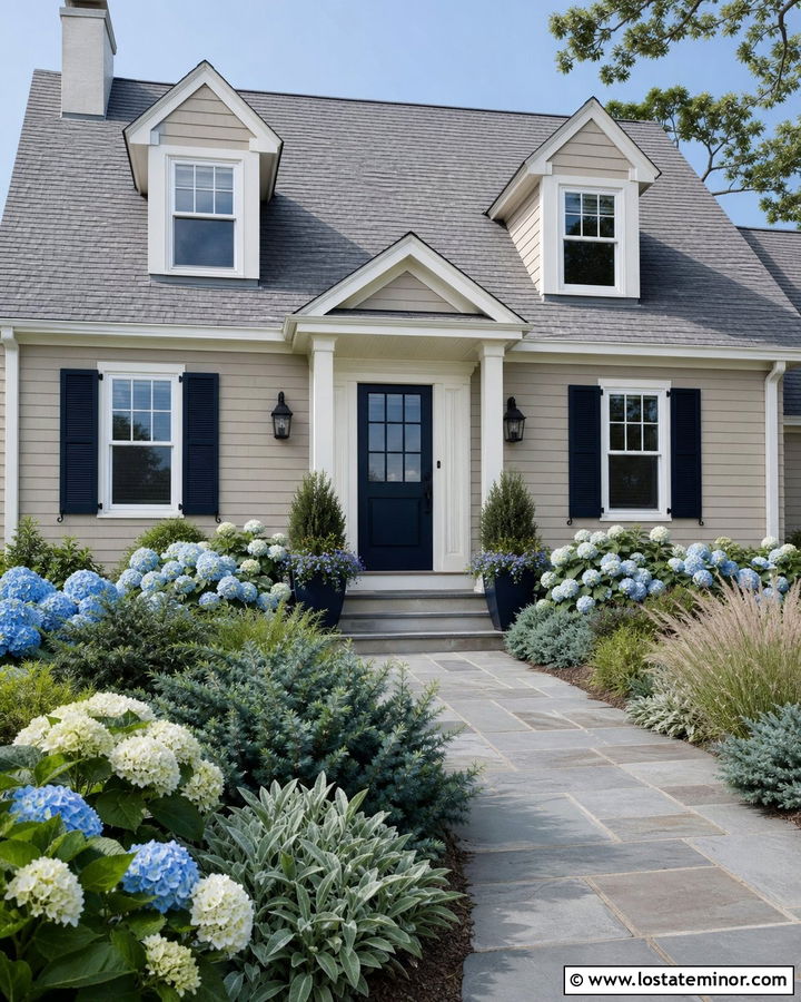 Taupe House With Navy Door And Hydrangea Border - 30 Taupe House Design With Landscaping Ideas