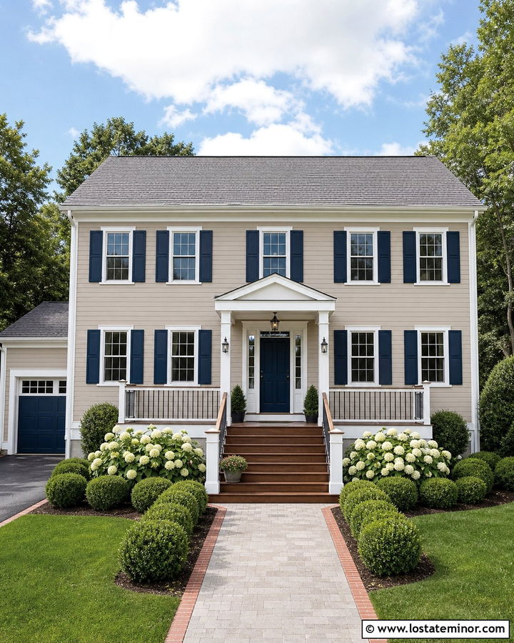 Taupe House With Navy Front Door And Deck - 30 Taupe House Design With Deck Ideas