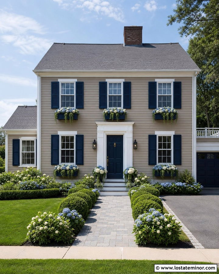 Taupe House With Navy Window Boxes - 30 Taupe House Design With Window Boxes Ideas