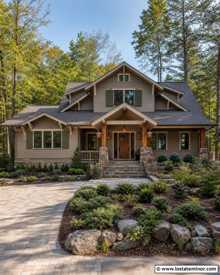 Taupe House With Olive Green Shutters - 30 Taupe House Design With Shutters Ideas