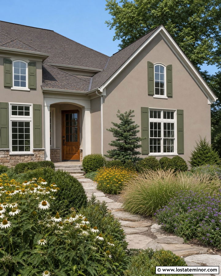 Taupe House With Olive Green Shutters And Native Landscaping - 30 Taupe House Design With Landscaping Ideas