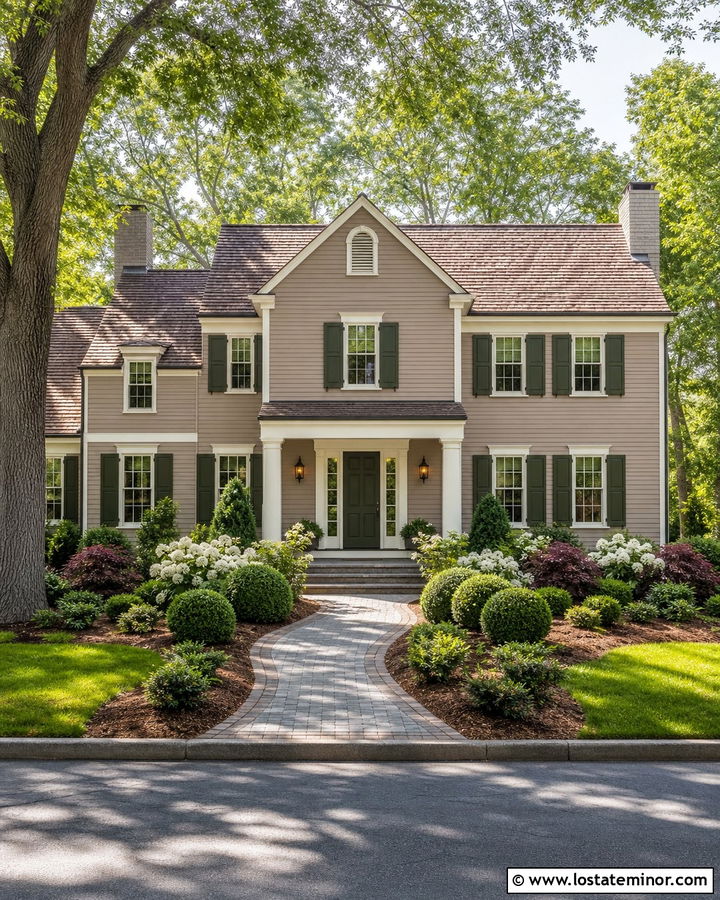 Taupe House With Olive Green Shutters - 30 Taupe House Design With Front Yard Ideas