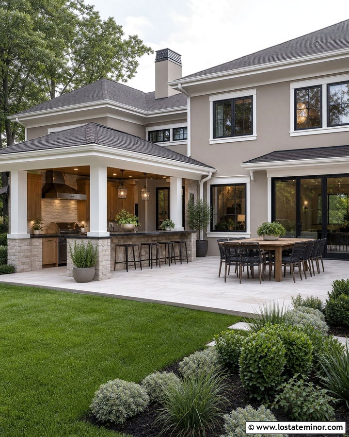 Taupe House With Outdoor Kitchen - 30 Taupe House Design With Backyard Ideas