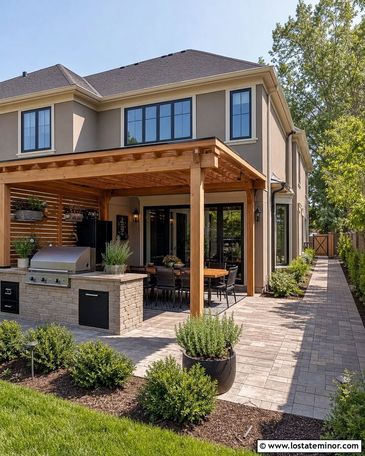 Taupe House With Pergola And Outdoor Kitchen - 30 Taupe House Design With Pergola Ideas