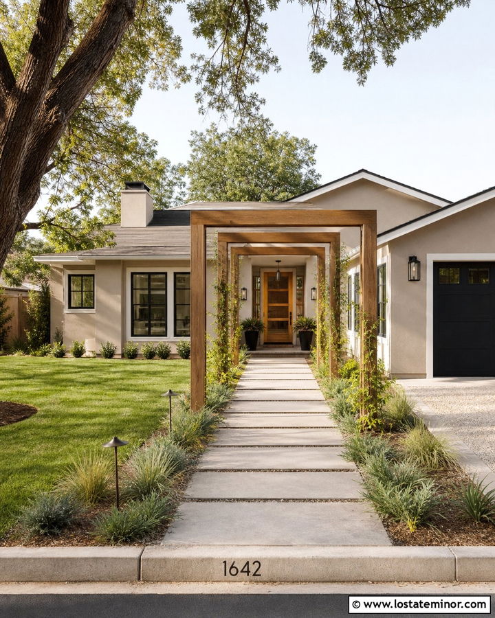 Taupe House With Pergola Entry Walkway - 30 Taupe House Design With Pergola Ideas