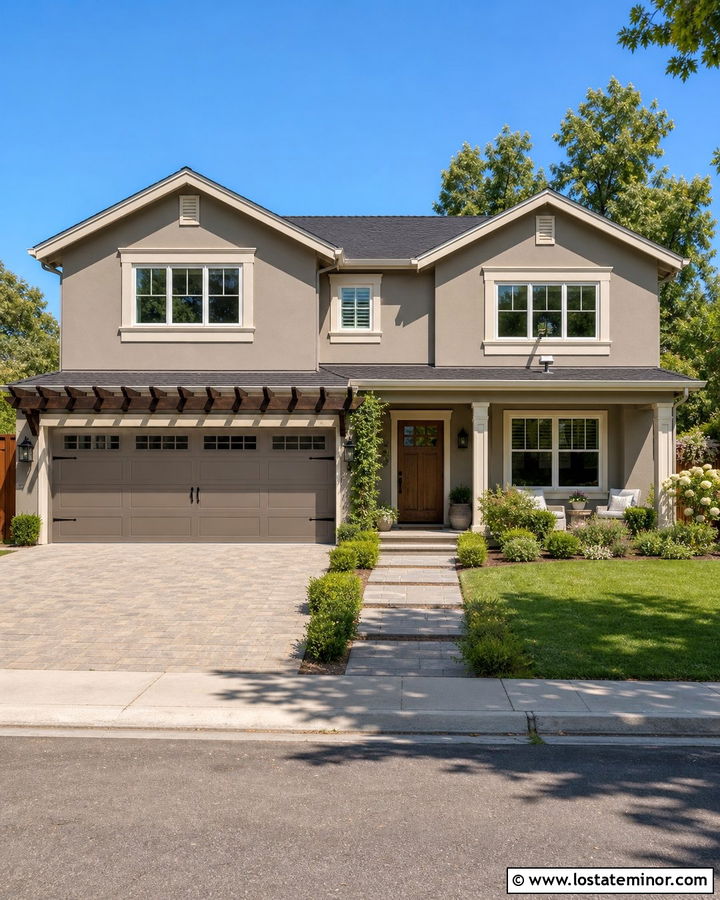 Taupe House With Pergola Over Garage - 30 Taupe House Design With Pergola Ideas