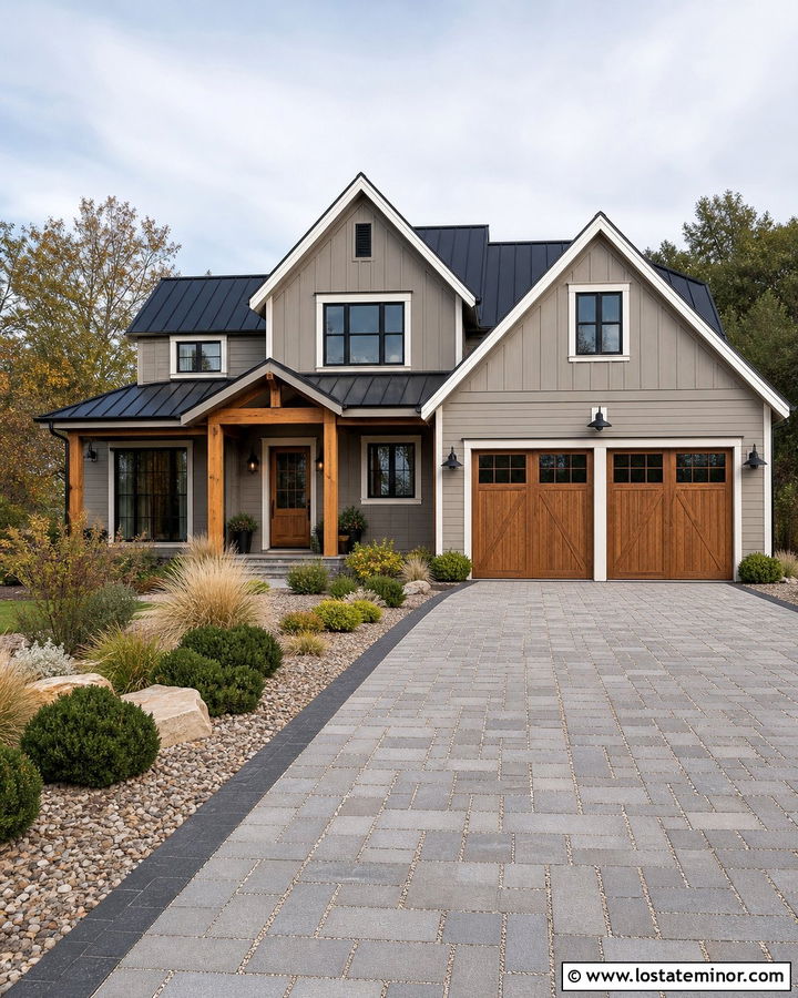 Taupe House With Permeable Paver Driveway - 30 Taupe House Design With Driveway Ideas