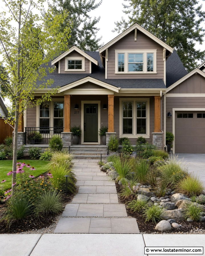 Taupe House With Permeable Paver Walkway - 30 Taupe House Design With Walkway Ideas
