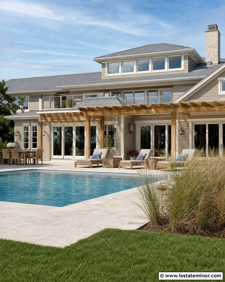Taupe House With Poolside Pergola - 30 Taupe House Design With Pergola Ideas