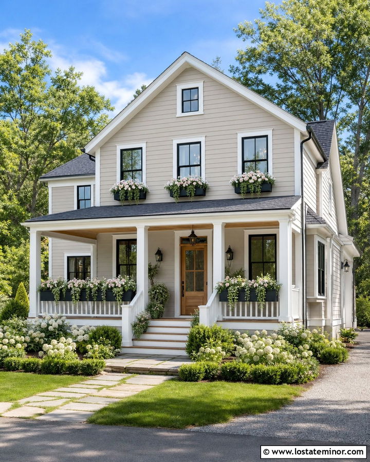 Taupe House With Porch Rail Window Boxes - 30 Taupe House Design With Window Boxes Ideas