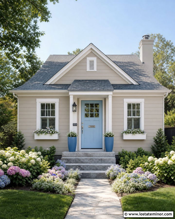Taupe House With Powder Blue Front Door - 30 Taupe House Design With Front Door Ideas