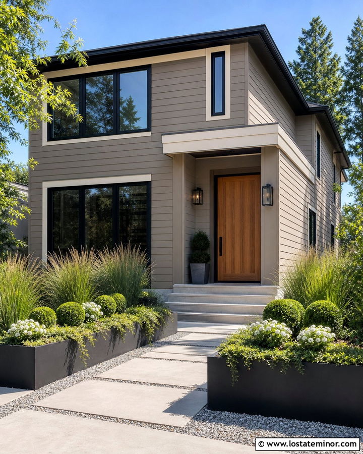 Taupe House With Raised Planters And Modern Landscaping - 30 Taupe House Design With Landscaping Ideas