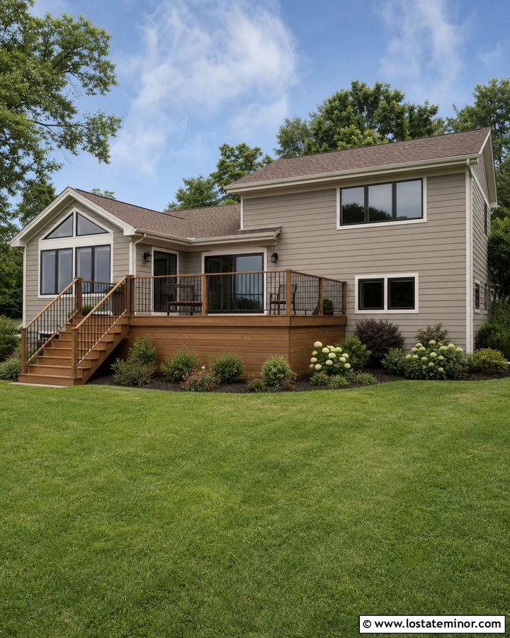 Taupe House With Raised Wood Deck - 30 Taupe House Design With Backyard Ideas