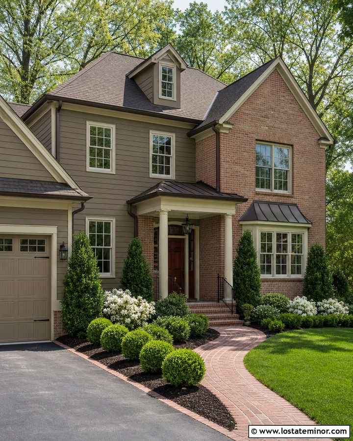 Taupe House With Red Brick And Green Landscaping - 30 Taupe House Design With Landscaping Ideas