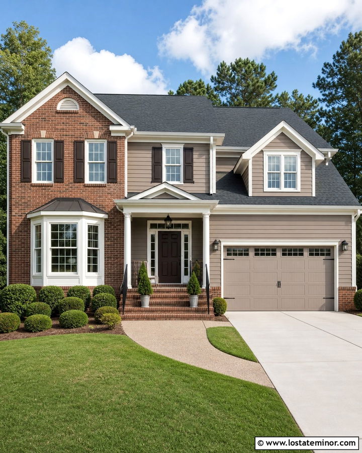 Taupe House With Red Brick And White Trim - 30 Taupe House Design With Trim Ideas