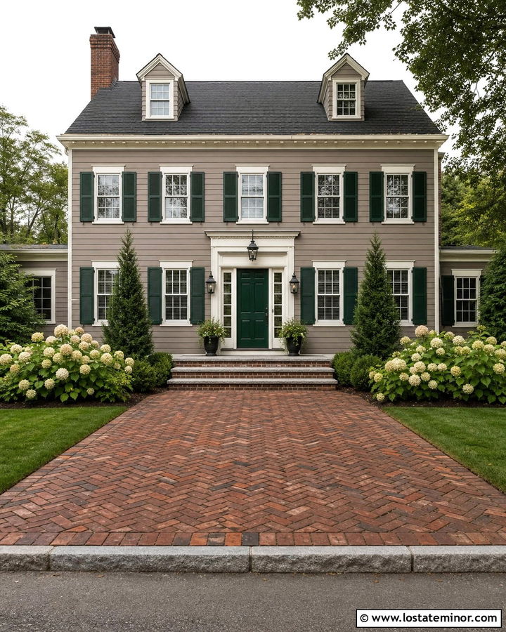 Taupe House With Red Brick Driveway - 30 Taupe House Design With Driveway Ideas