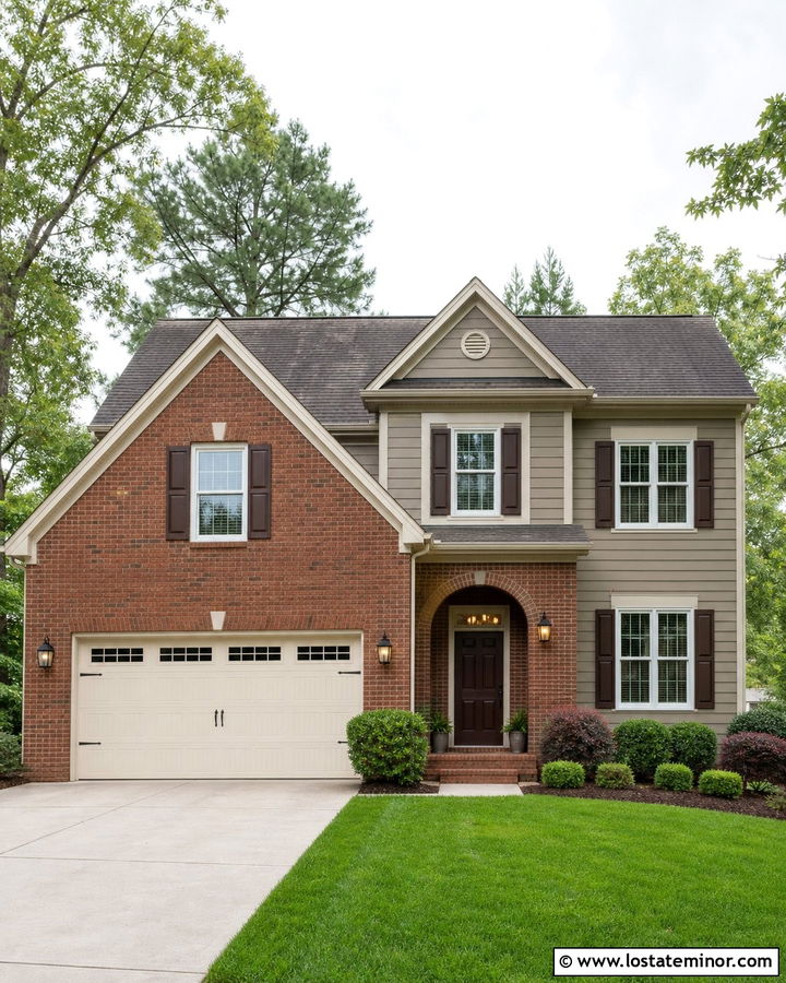 Taupe House With Red Brick Garage - 30 Taupe House Design With Garage Door Ideas