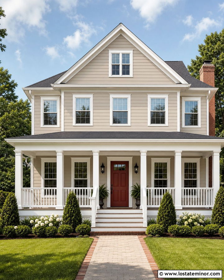 Taupe House With Red Door And White Railings - 30 Taupe House Design With Railings Ideas