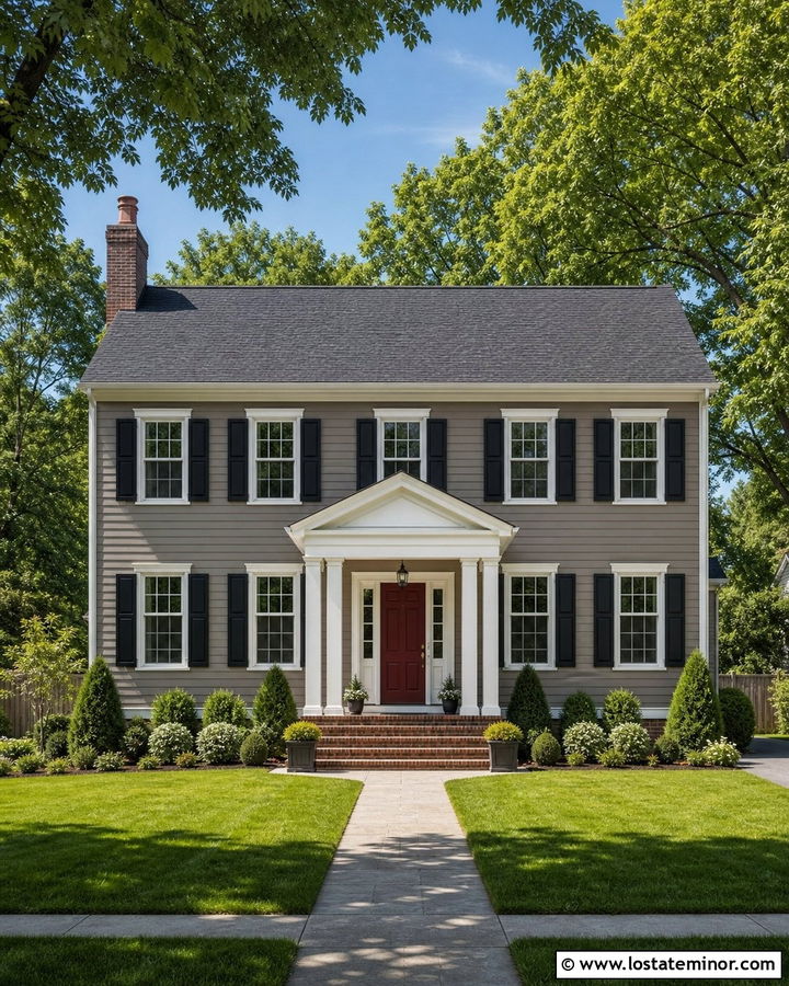 Taupe House With Red Door Portico - 30 Taupe House Design With Portico Ideas