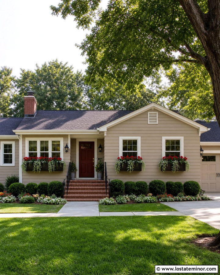 Taupe House With Red Flower Window Boxes - 30 Taupe House Design With Window Boxes Ideas