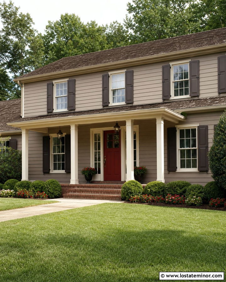 Taupe House With Red Storm Door - 30 Taupe House Design With Storm Door Ideas