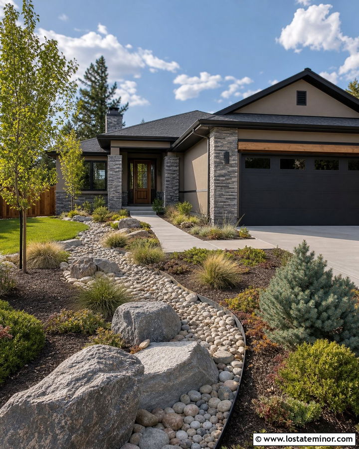 Taupe House With River Rock And Low Maintenance Landscaping - 30 Taupe House Design With Landscaping Ideas