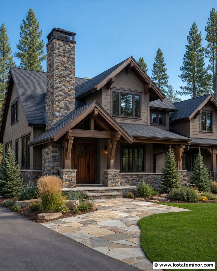 Taupe House With Rustic Ledgestone Chimney - 30 Taupe House Design With Chimney Ideas
