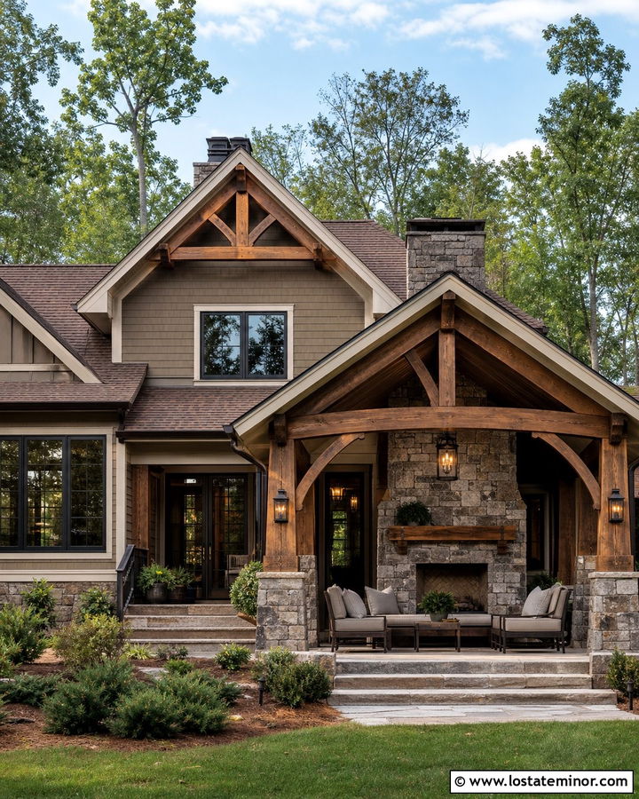 Taupe House With Rustic Stone Fireplace - 30 Taupe House Design With Backyard Ideas