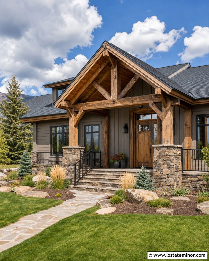 Taupe House With Rustic Timber Porch - 30 Taupe House Design With Front Porch Ideas