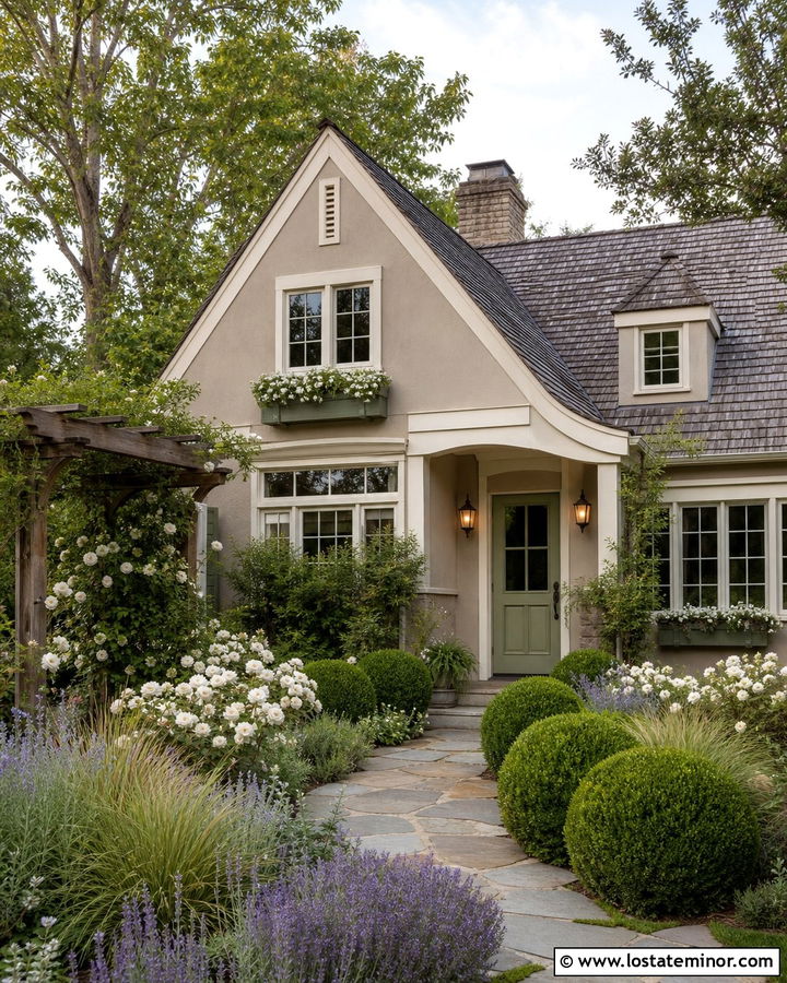 Taupe House With Sage Door And Cottage Landscaping - 30 Taupe House Design With Landscaping Ideas