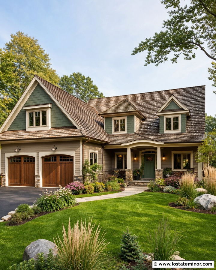 Taupe House With Sage Green Dormers - 30 Taupe House Design With Dormers Ideas