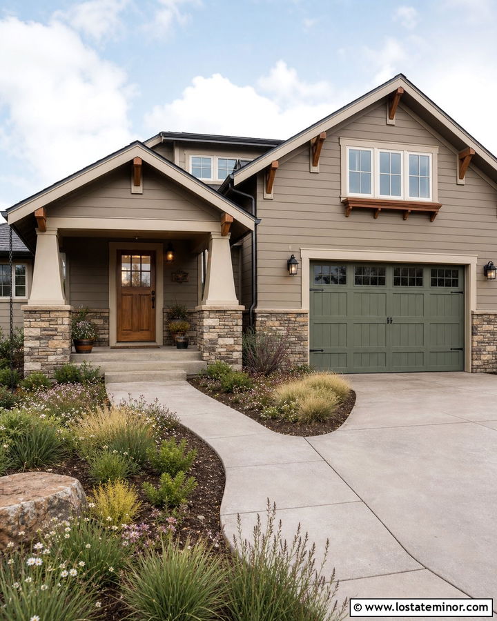 Taupe House With Sage Green Garage Door - 30 Taupe House Design With Garage Door Ideas