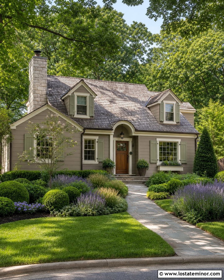 Taupe House With Sage Green Shutters - 30 Taupe House Design With Shutters Ideas