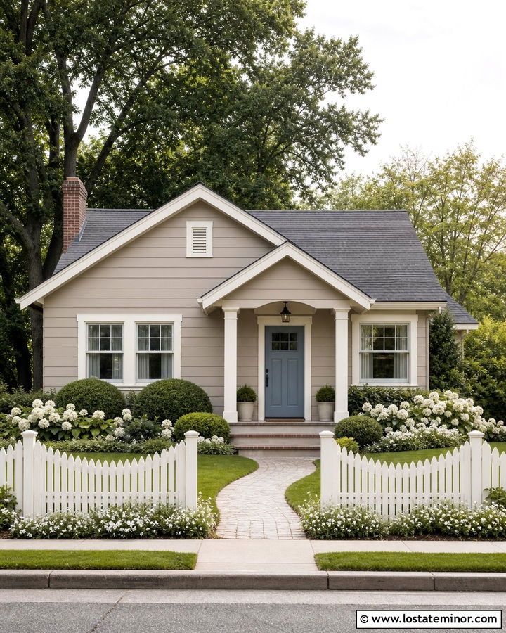 Taupe House With Scalloped White Fence - 30 Taupe House Design With Fence Ideas