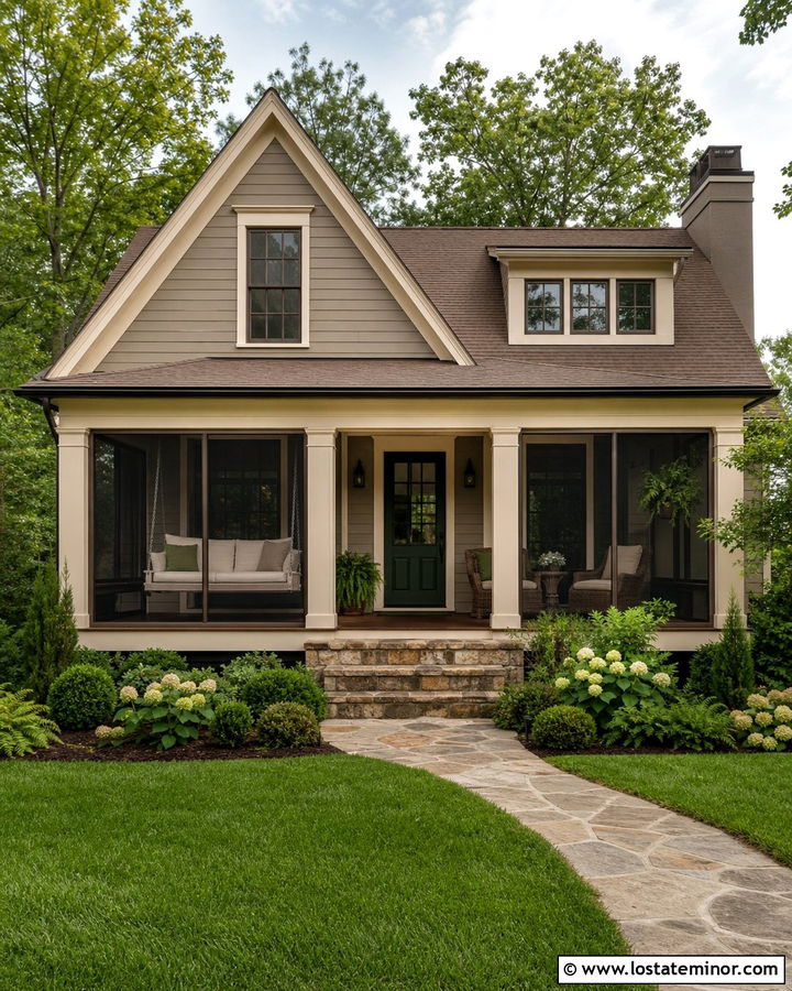 Taupe House With Screened Porch Swing - 30 Taupe House Design With Swing Ideas