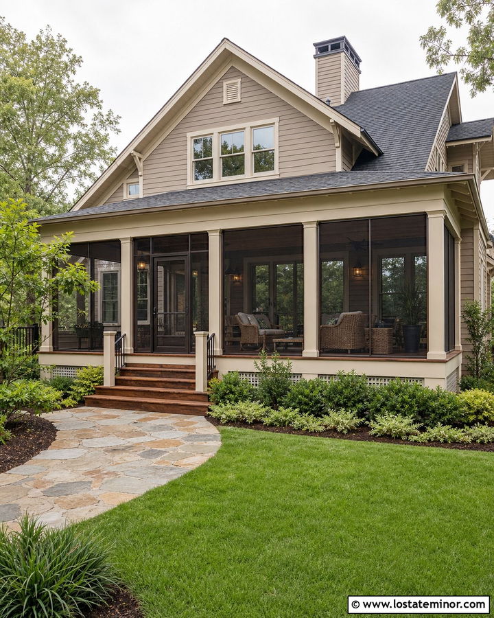 Taupe House With Screened Porch - 30 Taupe House Design With Backyard Ideas