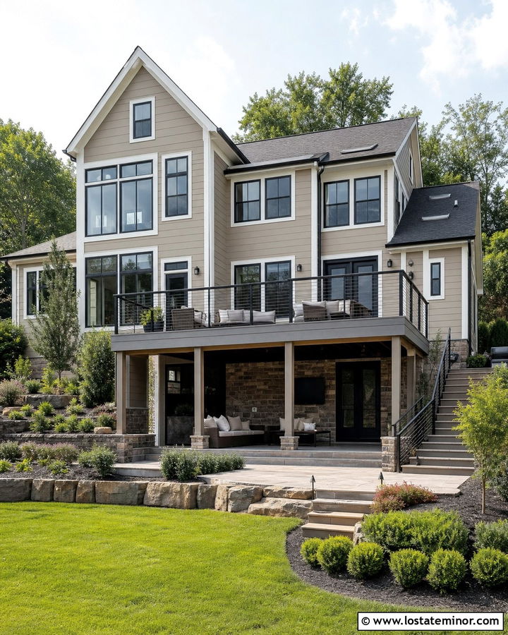 Taupe House With Second Story Deck - 30 Taupe House Design With Deck Ideas