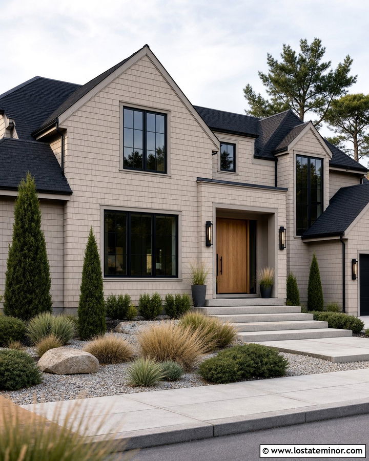 Taupe House With Shingle Siding And Black Windows - 30 Taupe House Design With Shingles Ideas