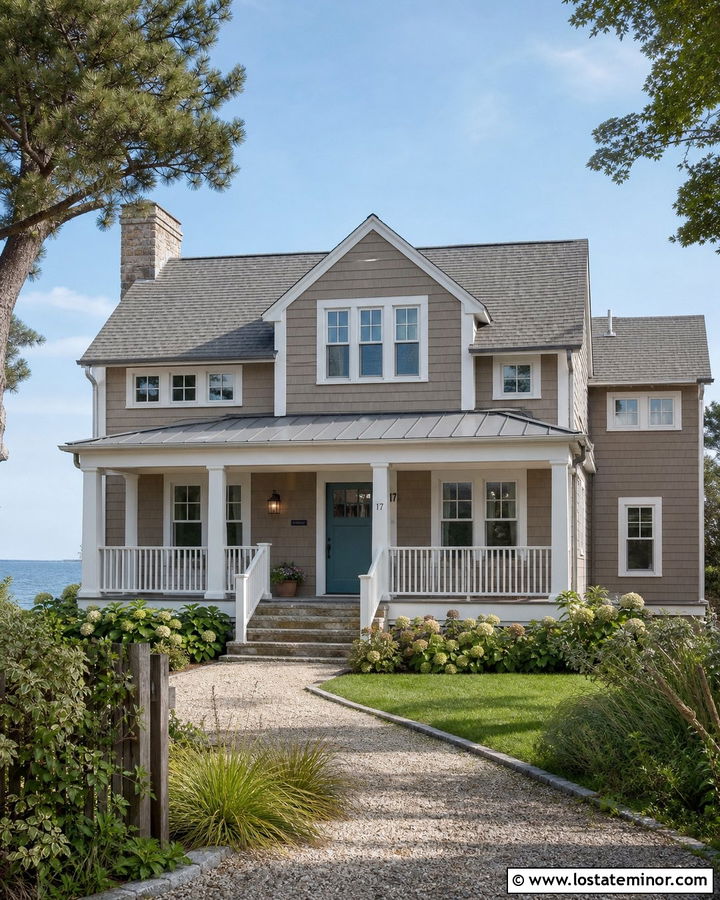 Taupe House With Shingle Siding And White Trim - 30 Taupe House Design With Shingles Ideas