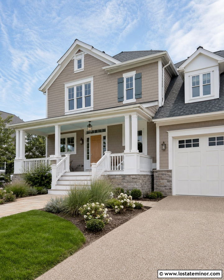Taupe House With Slate Blue Shutters - 30 Taupe House Design With Shutters Ideas