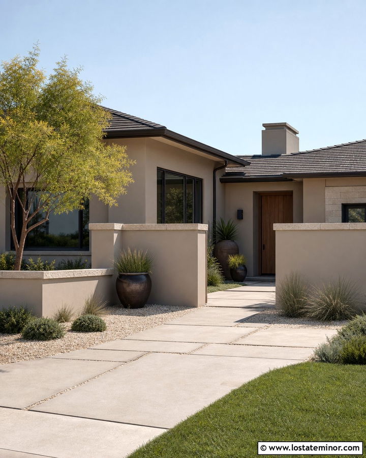 Taupe House With Small Front Courtyard - 30 Taupe House Design With Front Yard Ideas