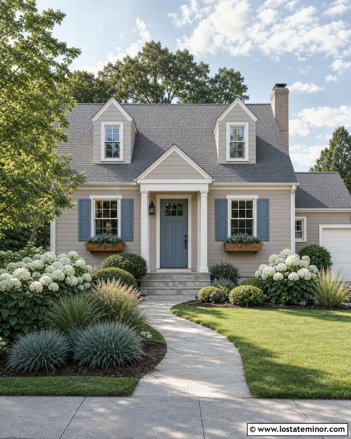 Taupe House With Soft Blue Front Door - 30 Taupe House Design With Entry Door Ideas